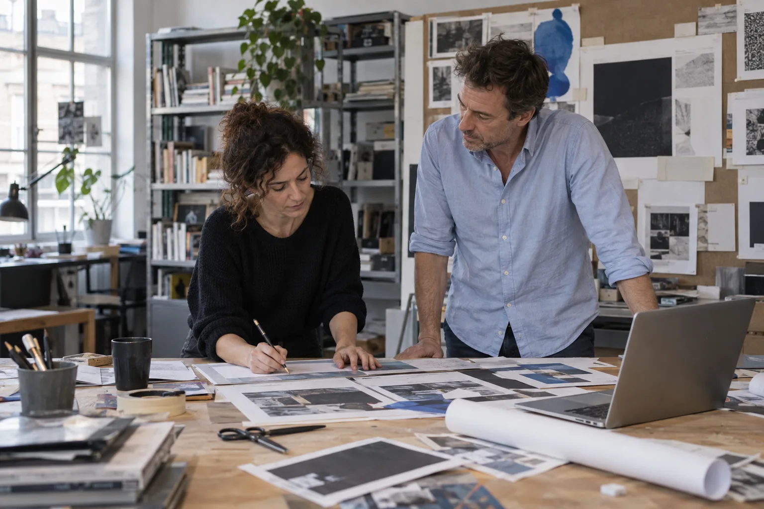 Illustrative Szene: Zwei Designer besprechen gedruckte Entwürfe am Arbeitstisch im Studio.