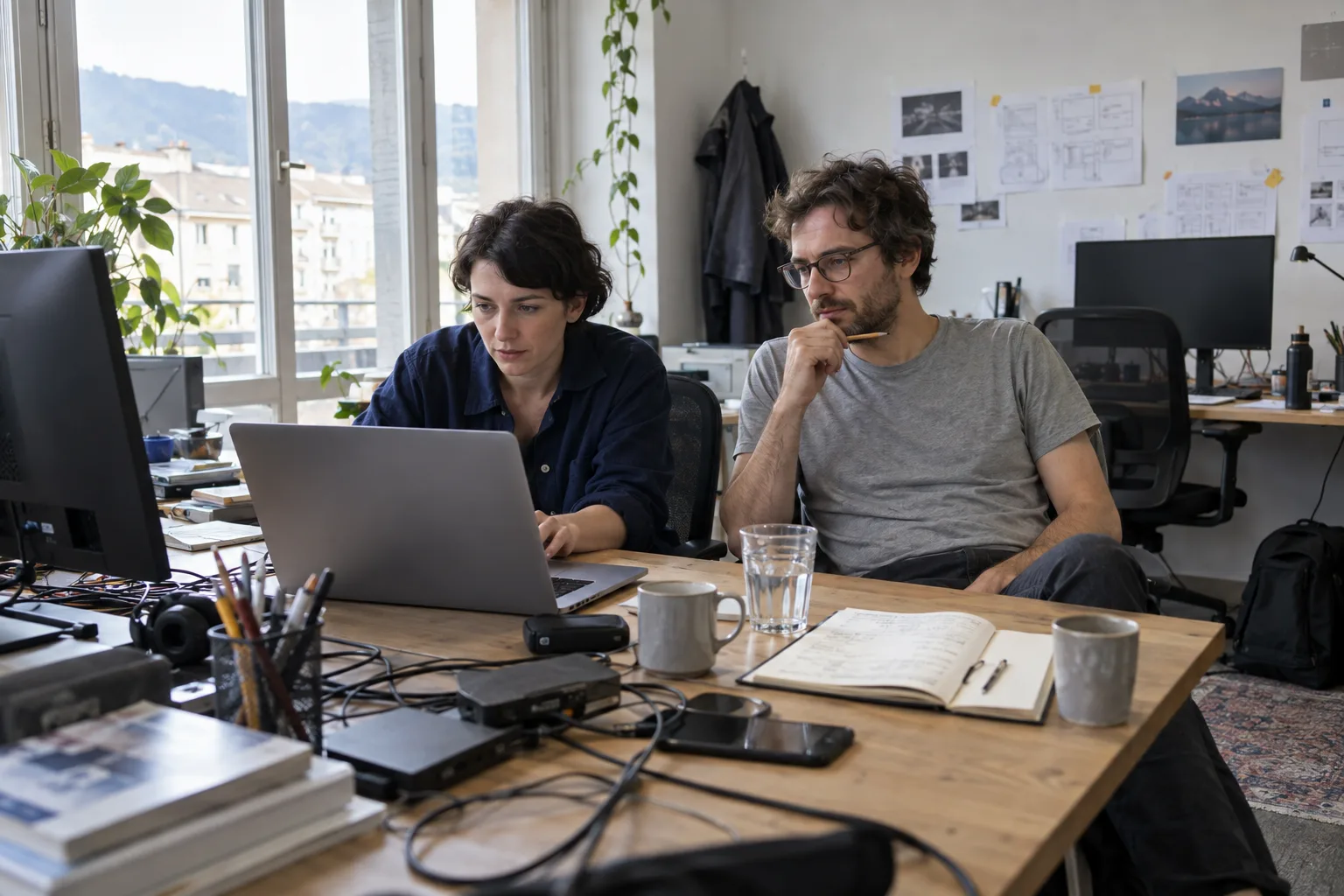Illustrative scene: two developers working together at a shared agency desk.