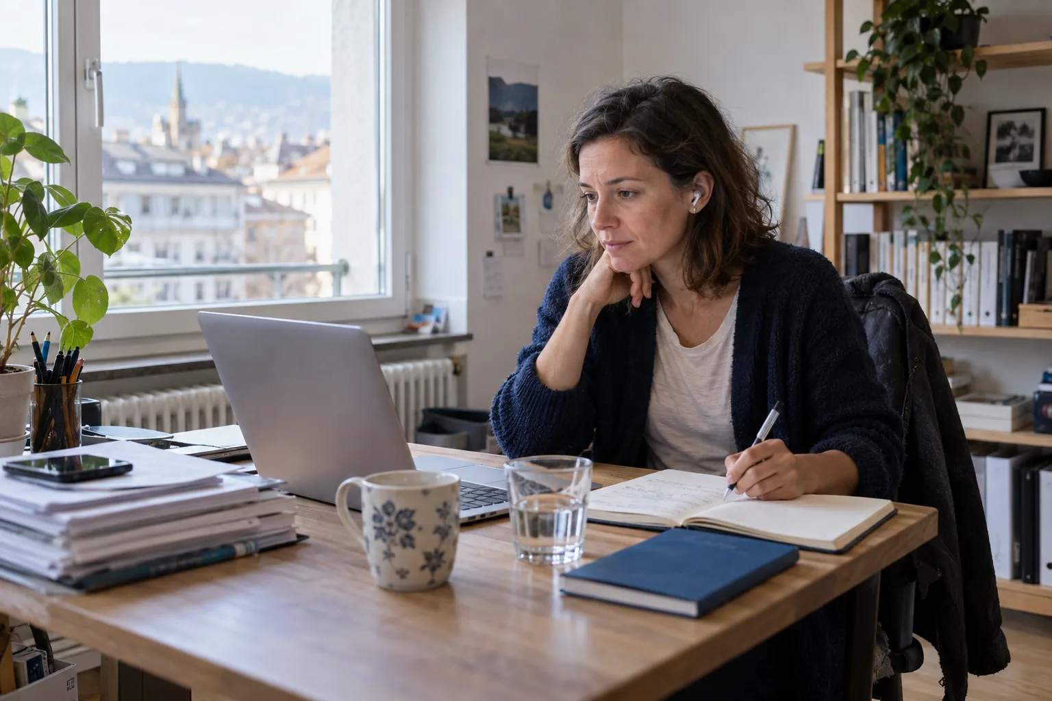 Illustrative scene: an independent consultant taking notes during a laptop call at home.