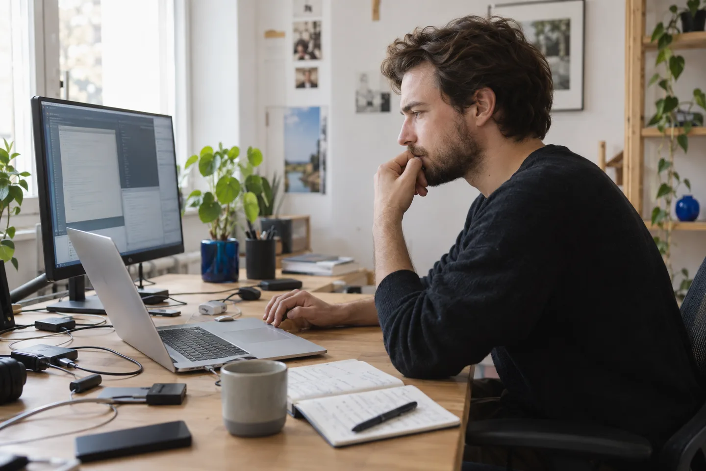A developer reviewing a work laptop at a bright, compact studio desk.
