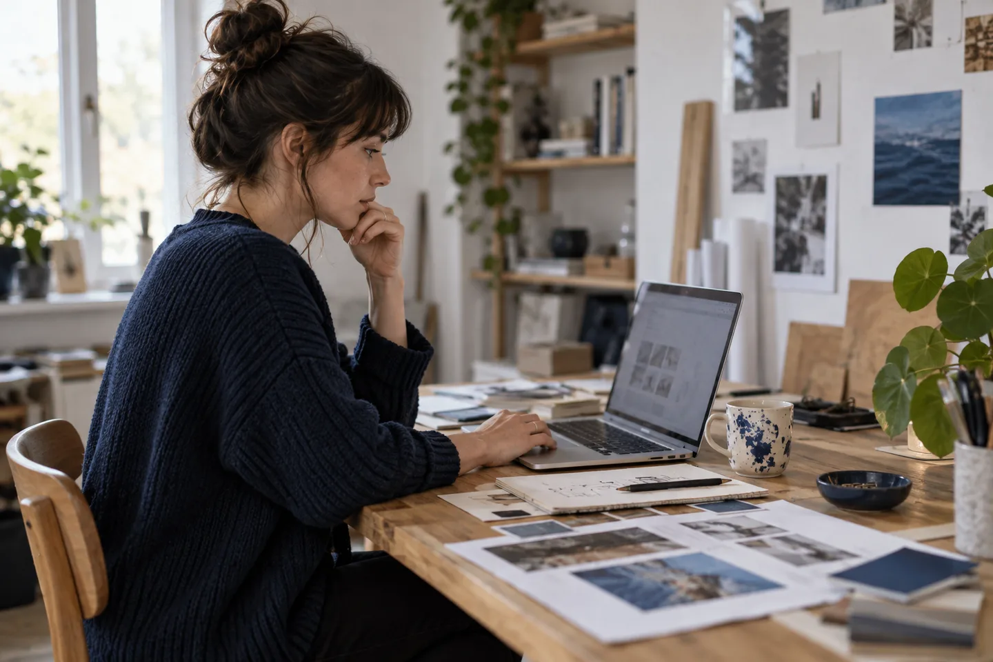 A designer checks browser settings beside printed layouts on a studio desk.