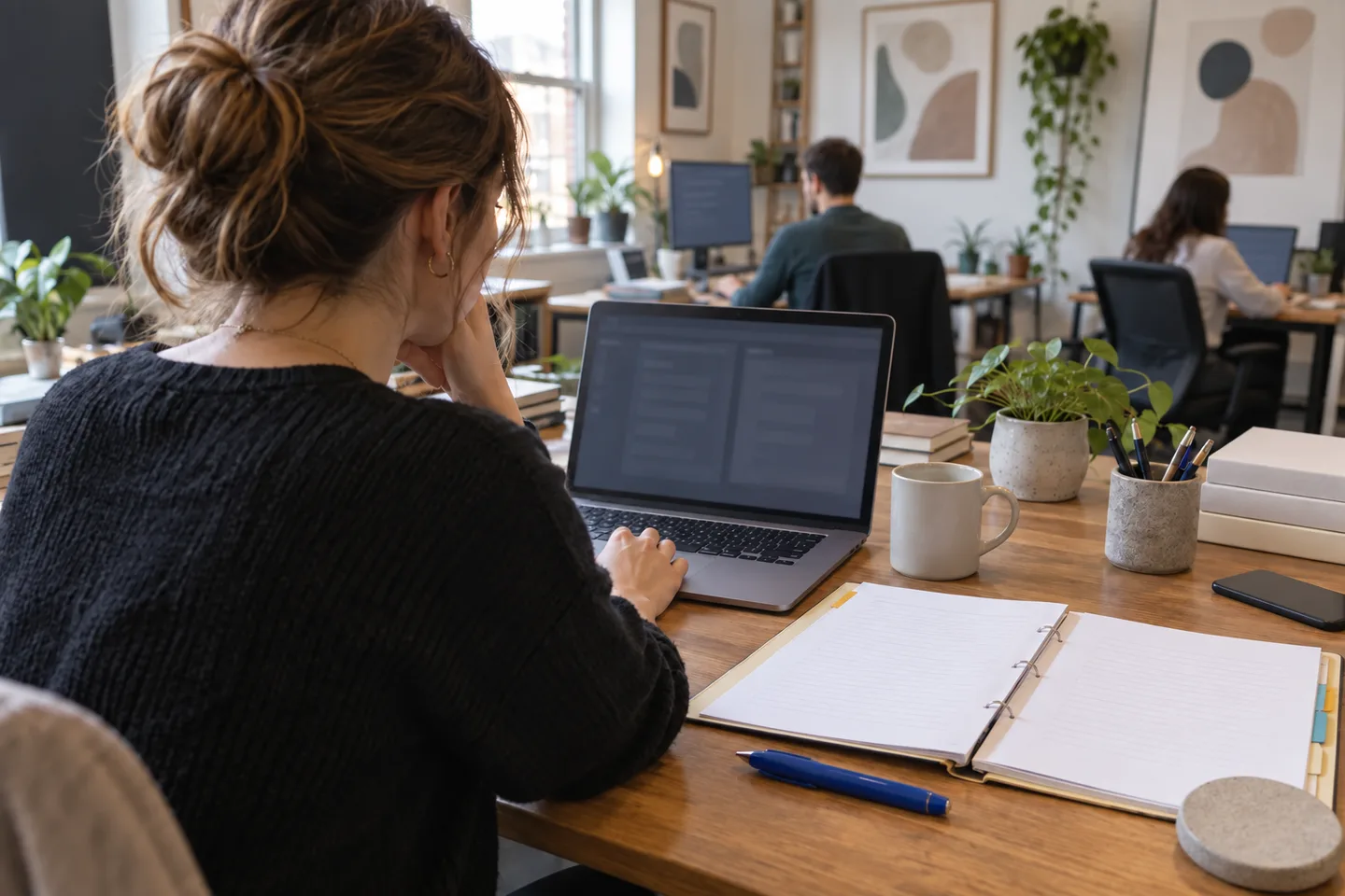 A studio owner and colleague review shared project files in a bright office.