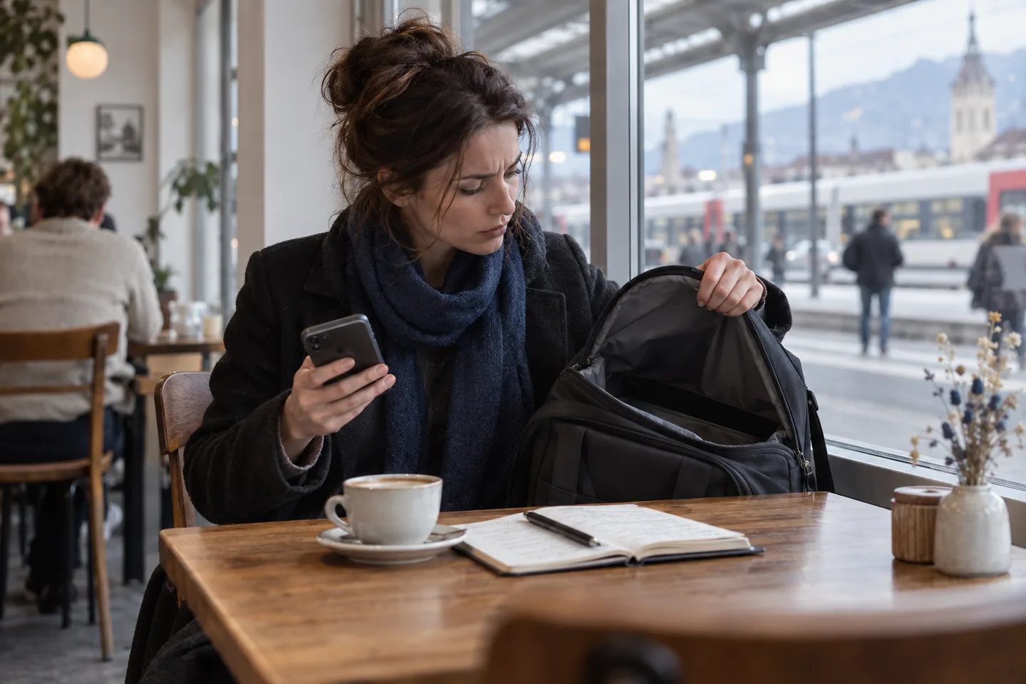 Ein Freelancer telefoniert neben einer freien Laptopfläche und einer Reisetasche.