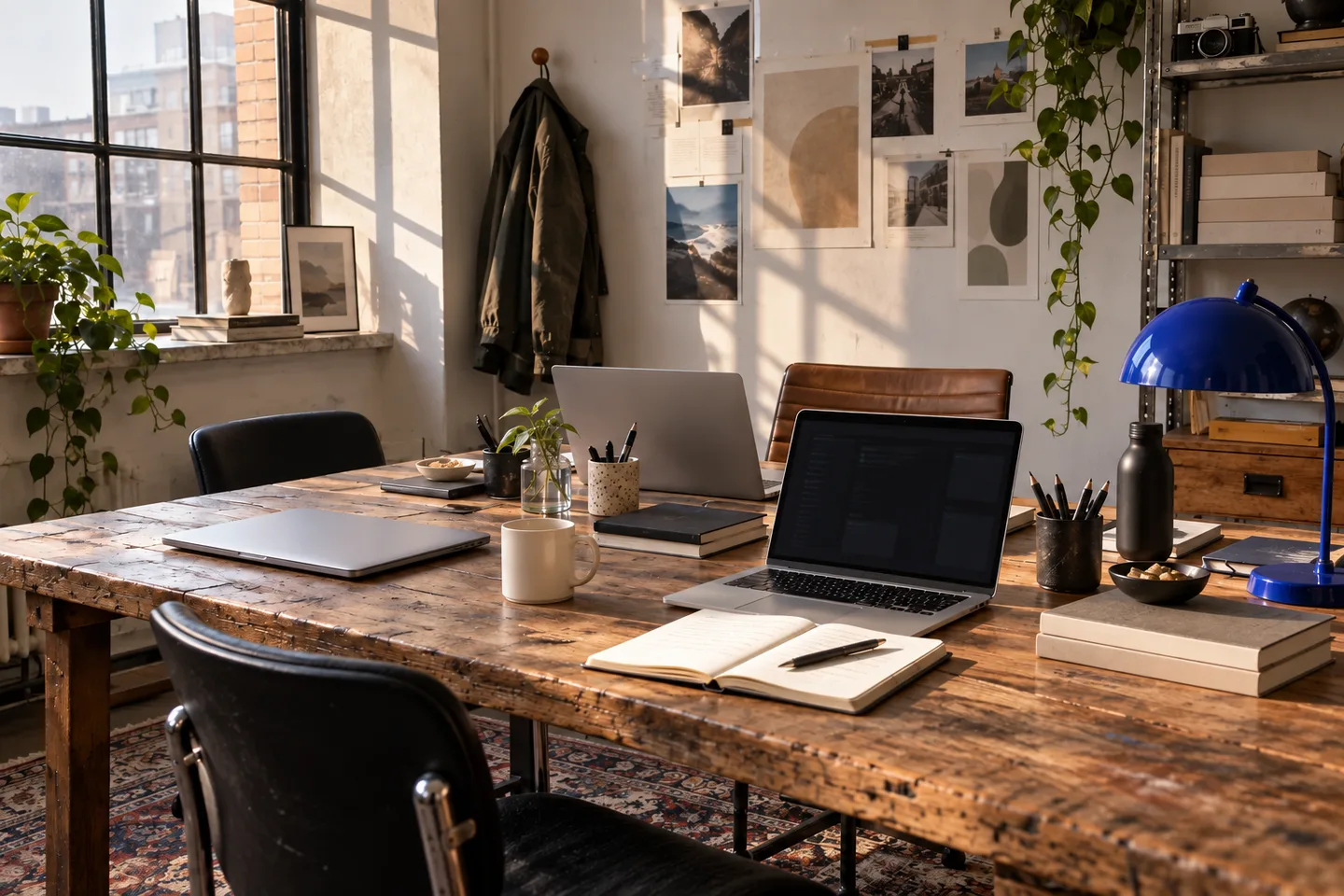 Ein kleines Kreativteam arbeitet an Laptops in einem hellen, aufgeräumten Studio.