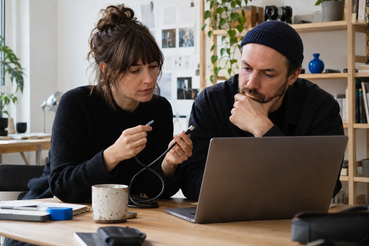 Two colleagues checking a new integration together at a studio workbench.
