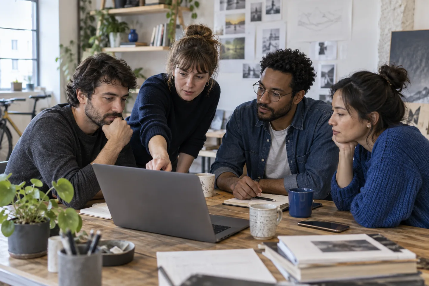 A small agency discusses a short practical exercise around a shared office table.