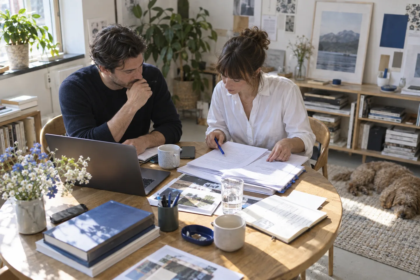 An agency founder reviews a client proposal and procurement questions at a meeting table.