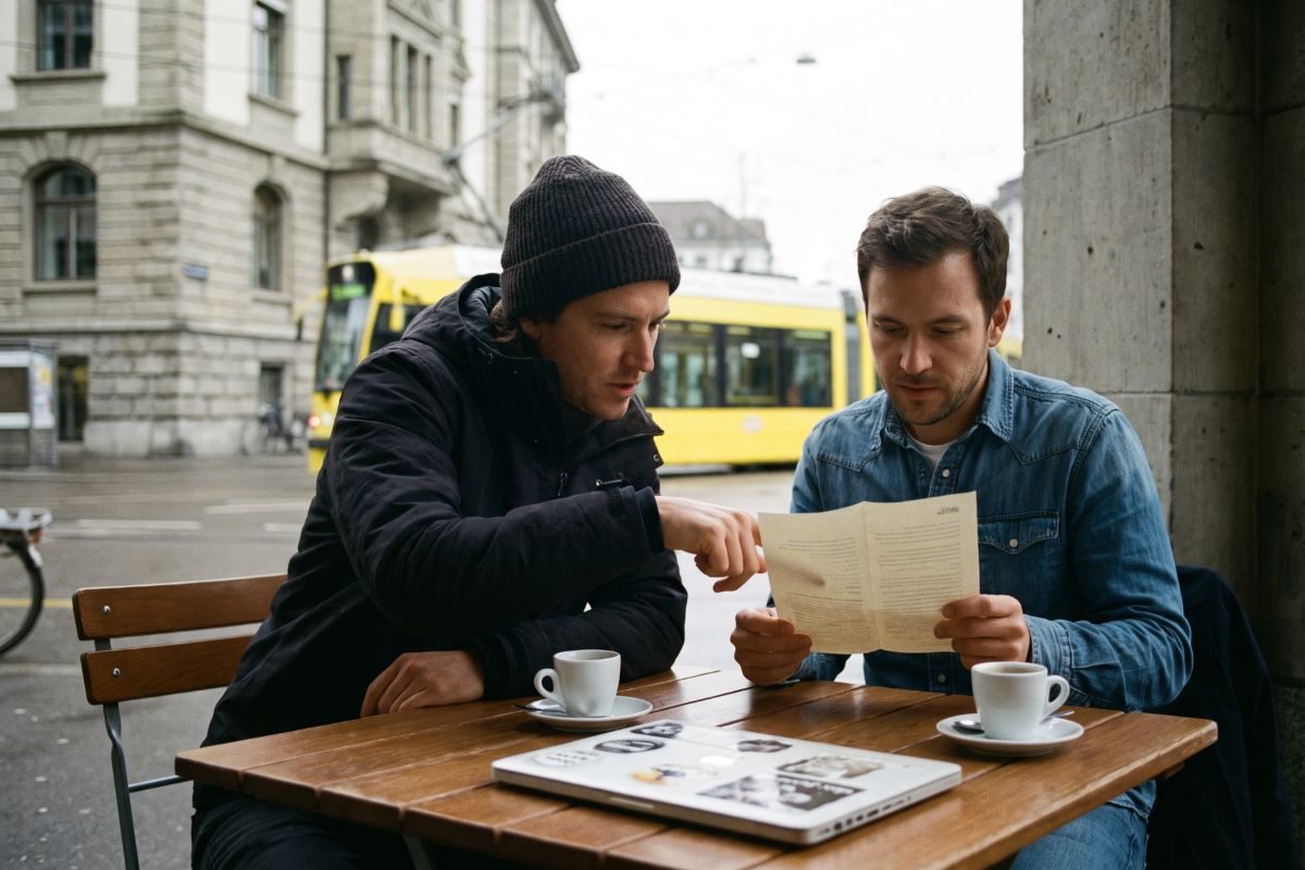 Zwei Menschen lesen an einem Cafétisch einen Brief, zwischen ihnen ein geschlossenes MacBook.
