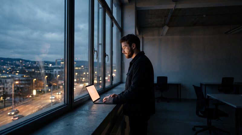 Ein Mann steht in der Abenddämmerung an einem hohen Bürofenster und tippt auf einem Laptop auf der Fensterbank, unter ihm die Lichter der Stadt.