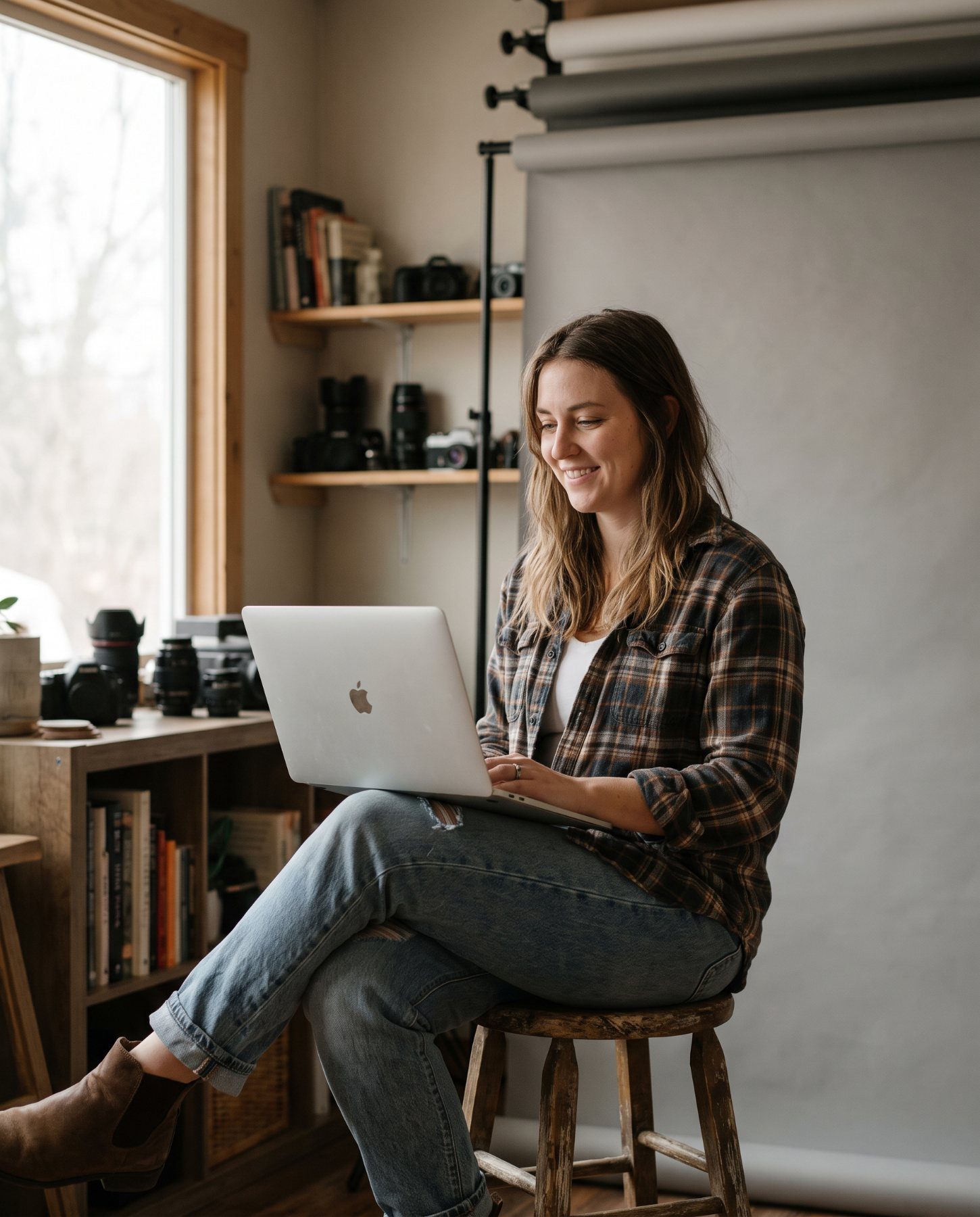 Eine Frau arbeitet in einem Fotostudio an ihrem MacBook, hinter ihr stehen Kameras und Objektive in den Regalen.