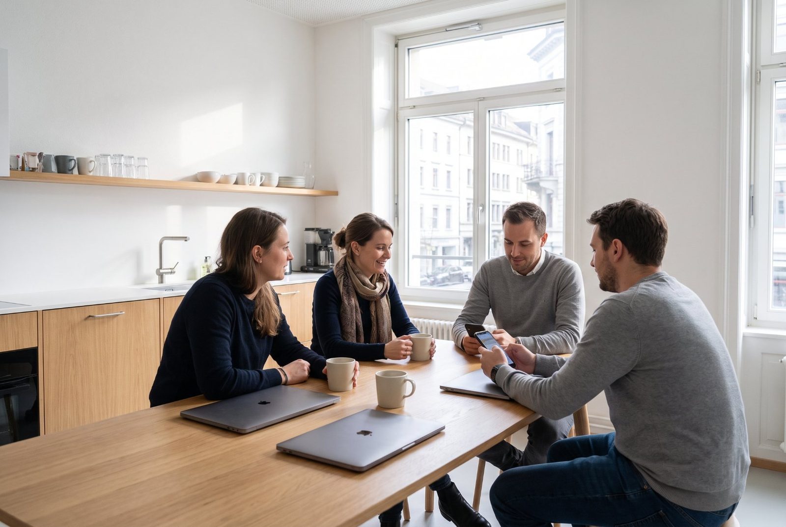 Vier Leute mit Laptops und Kaffee an einem Küchentisch.