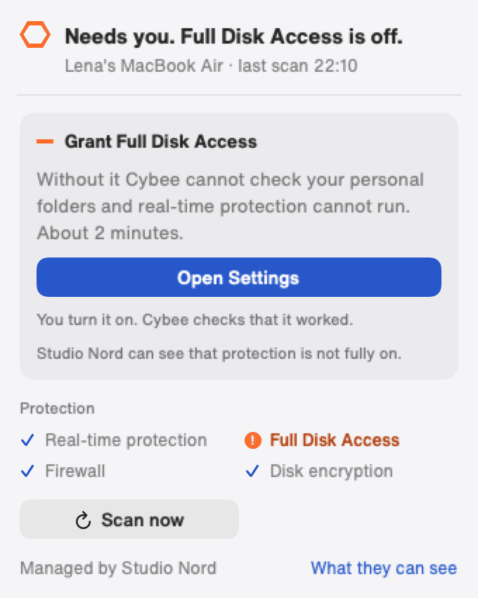 Cybee menu bar card: Needs you. Full Disk Access is off. The card asks to open Settings.