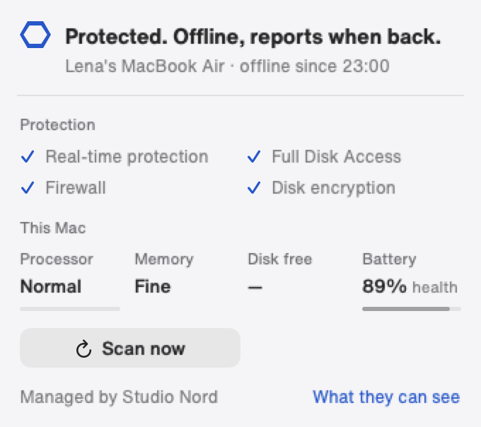 Cybee menu bar card: Protected. Offline, reports when back. Four protections on.