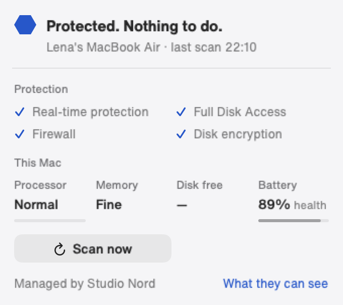 Cybee menu bar card: Protected. Nothing to do. Four protections on. Example data.